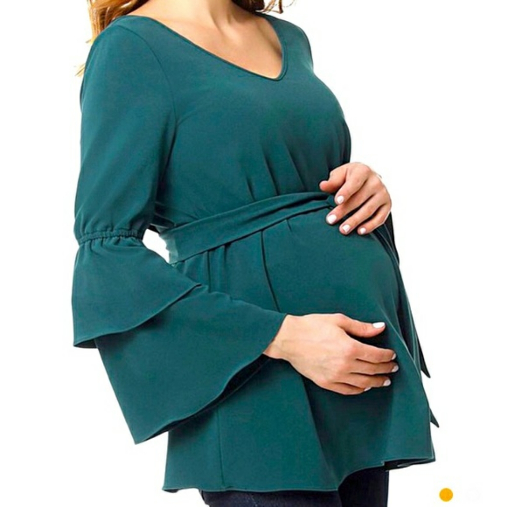 NWT Kimi & Kai XS Emerald Green Boho Tiered Bell Sleeve Peasant Maternity Top